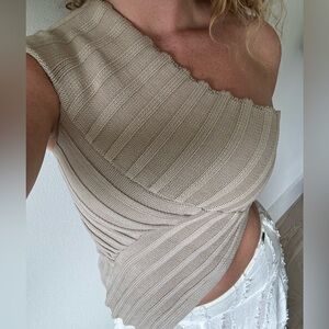 Maizy Cummings Tan Ribbed Knit Wrap Tank